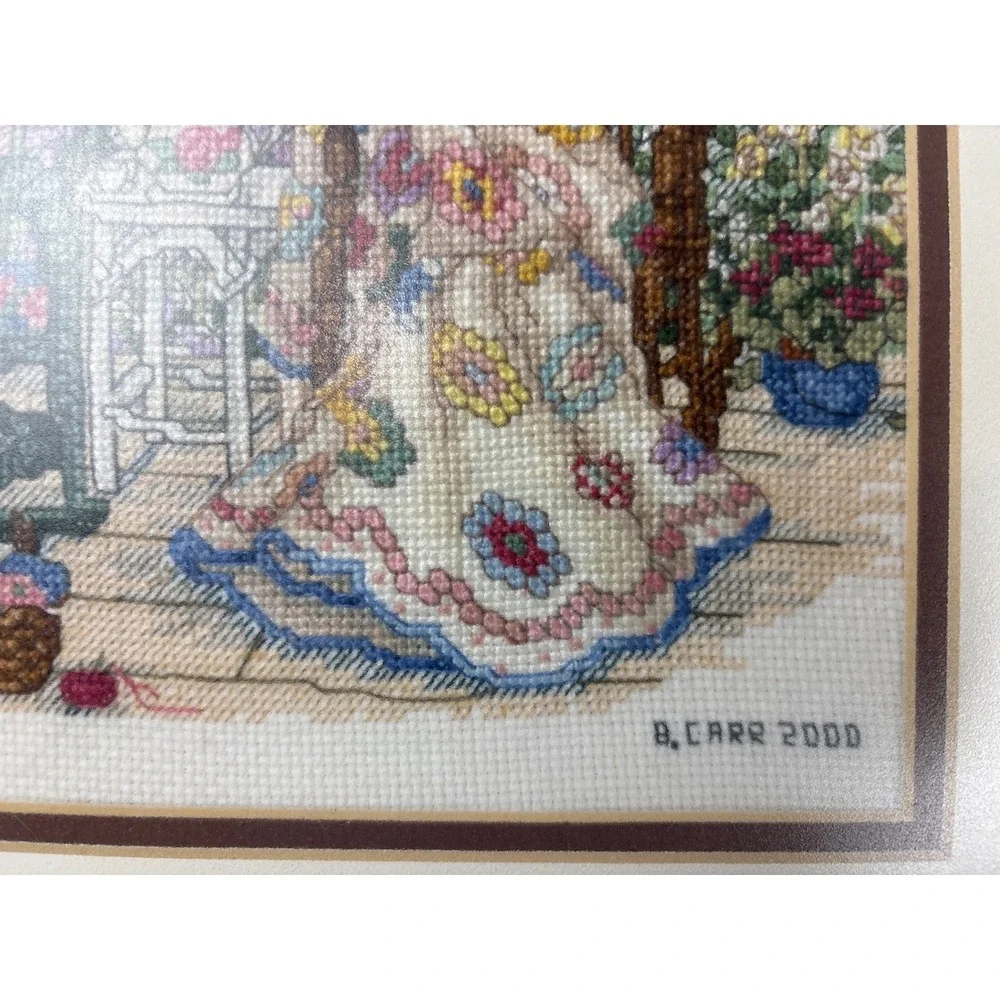 Vintage Framed Cross Stitch B. Carr 2000 Garden Scene 17x14 Cottagecore Wall Art